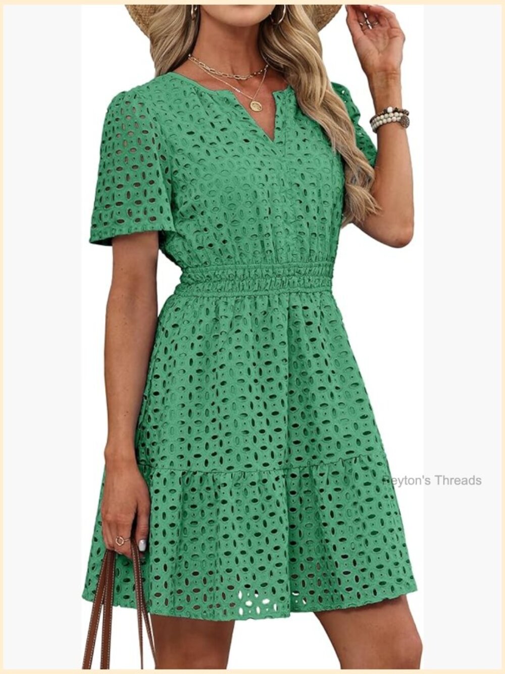 V Neck Eyelet Lace A Line Short Dress Summer Casual Sundress